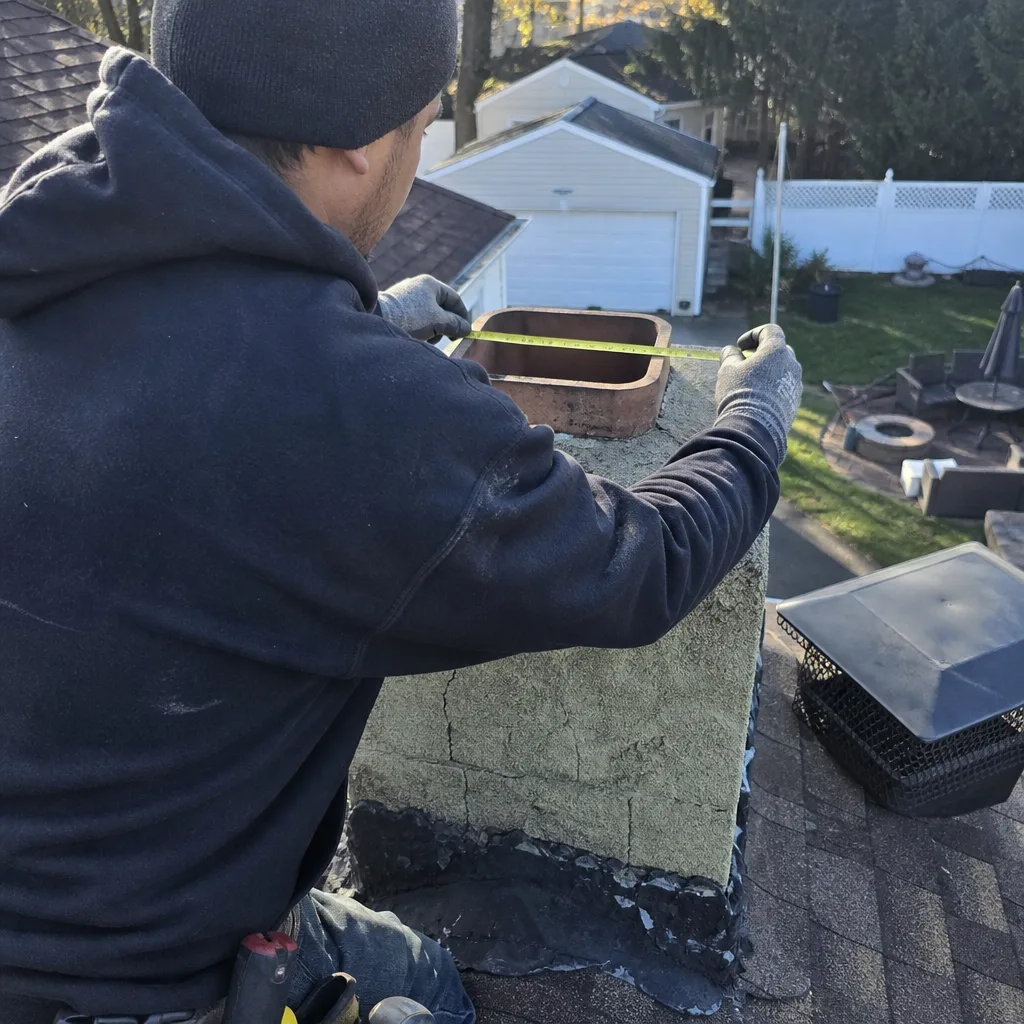 Technician measuring chimney flue for custom cap installation on masonry crown in Passaic, NJ