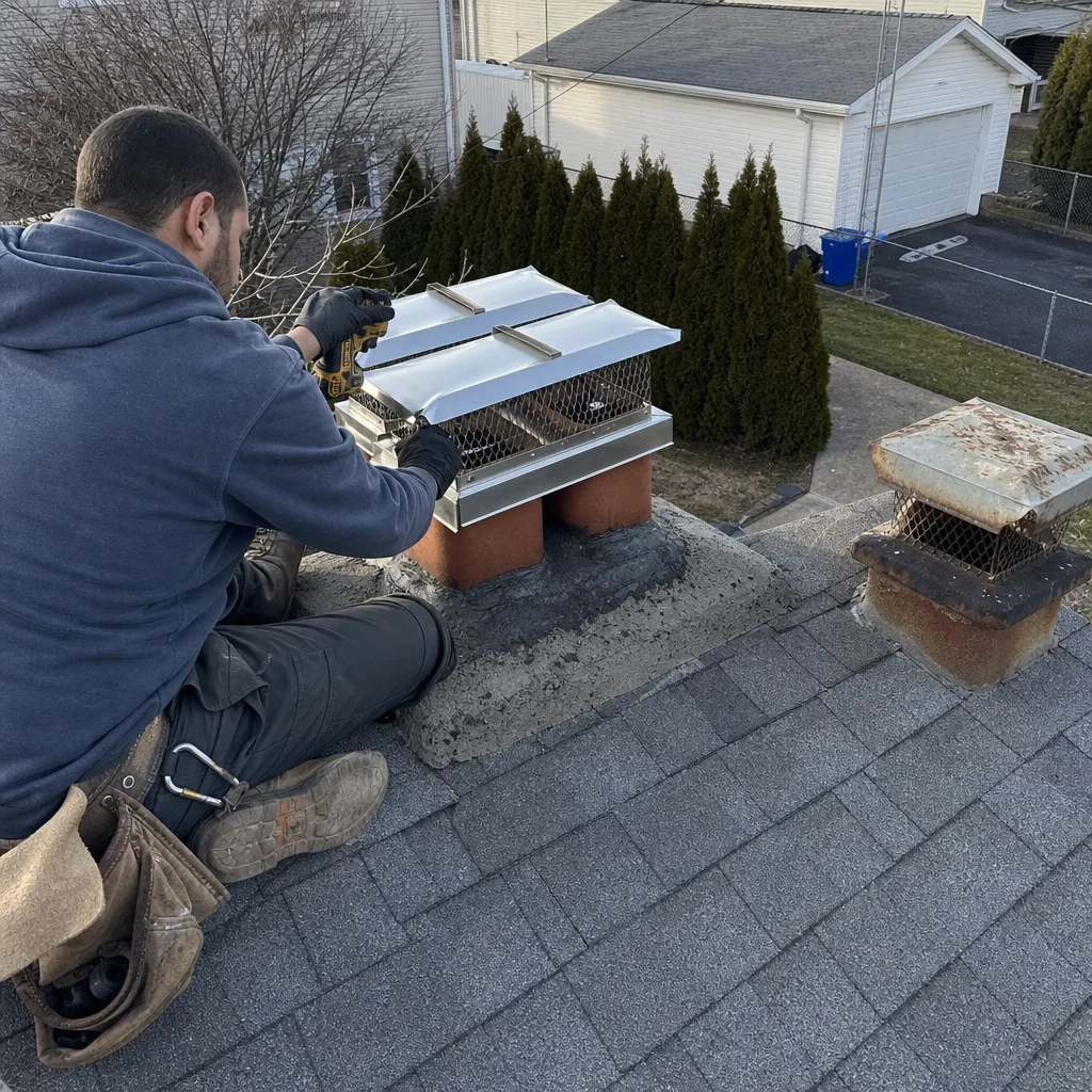 Technician installing a professional stainless steel chimney cap on a roof in Passaic, NJ