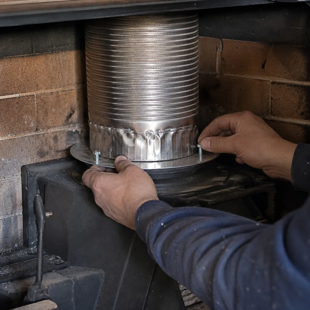 Technician installing a stainless steel chimney liner into a fireplace insert in Bloomfield, NJ