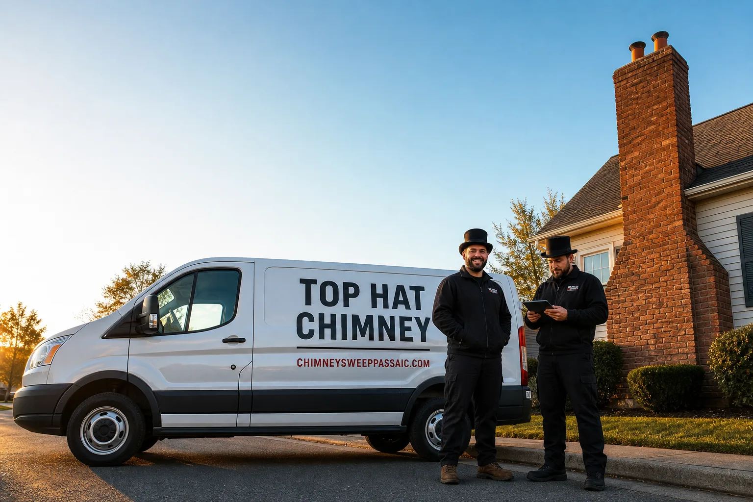 Top Hat Chimney chimney cleaning service vehicle and crew in Passaic, NJ